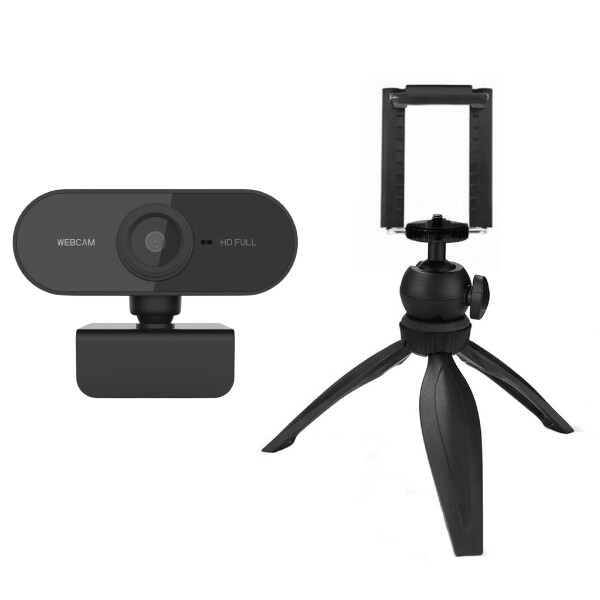 Cámara Web Cam Full HD 1080p USB 360 Micrófono Con Tripode Color Negro