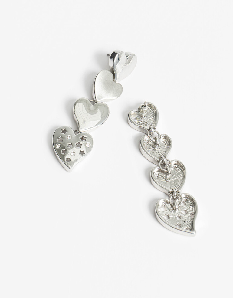 Aros Colgantes Largos Strass Aros Largos Corazones Strass - Plateado Rodio