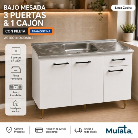 Bajo Mesada Blanco + Pileta Central Tramontina Acero Bajo Mesada Blanco + Pileta Central Tramontina Acero