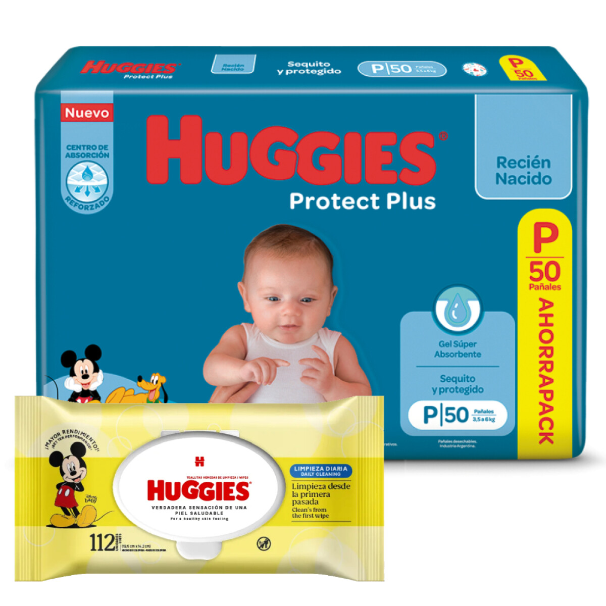 Pack Huggies Pañales Protect Plus P 50 Unidades + Toallitas Húmedas Limpieza Diaria 112 Unidades 
