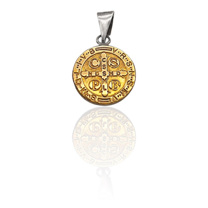Dije Medalla redonda San Benito doble imagen-Plata y oro- Sin piedra- CP5063 Sinpiedra
