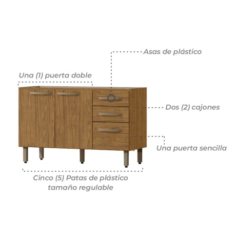 Bajo mesada 3 puertas 2 cajones S/Pileta 120x50x73cm Freijo Madera Bajo mesada 3 puertas 2 cajones S/Pileta 120x50x73cm Freijo Madera