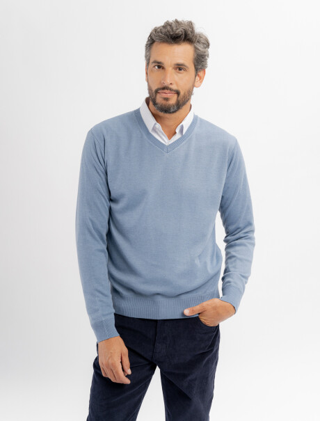 Buzo escote V Cedro celeste