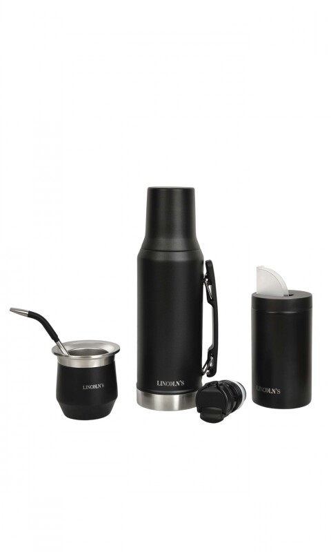 KIT CEBADOR MATE -TERMO -YERBERA -BOMBIL PREMIUM NEGRO