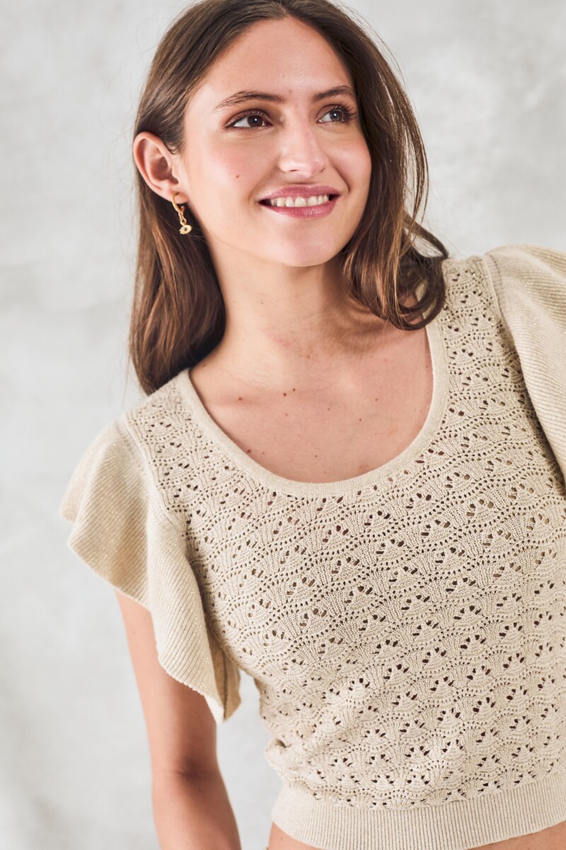 Top Metalizado Manga Volados Beige Melange