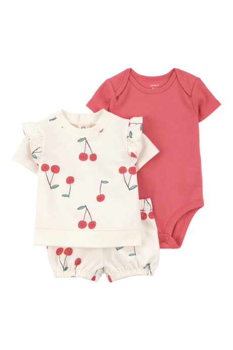 Set tres piezas de algodón, short, blusa y body, diseño cerezas Sin color