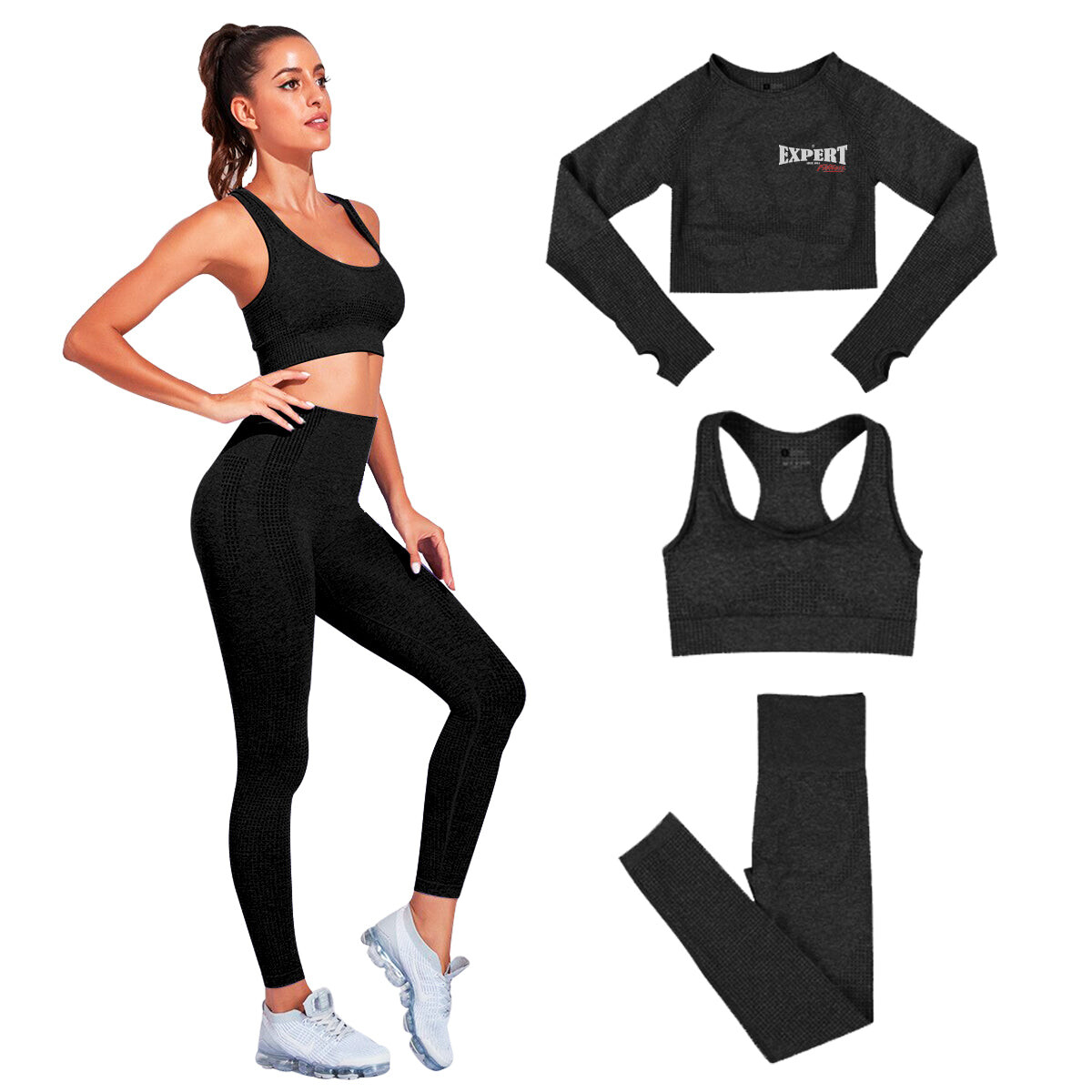 Conjunto Deportivo Dama X3 Piezas Calza Top Yoga Gym - Negro 