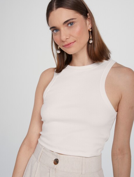 TOP MANGA CORTA EN TELA ACANALADA BEIGE
