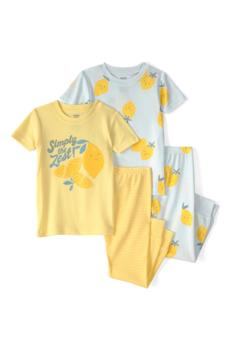 Pijama cuatro piezas de algodón, amarillo y azul, diseño limones. Talles 12-24M Pijama cuatro piezas de algodón, amarillo y azul, diseño limones. Talles 12-24M