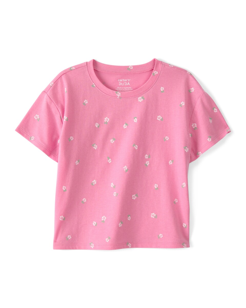 Remera de algodón, manga corta, rosada, diseño floral 