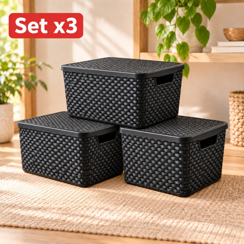 Set x3 Caja ratán 20 lts NEGRO