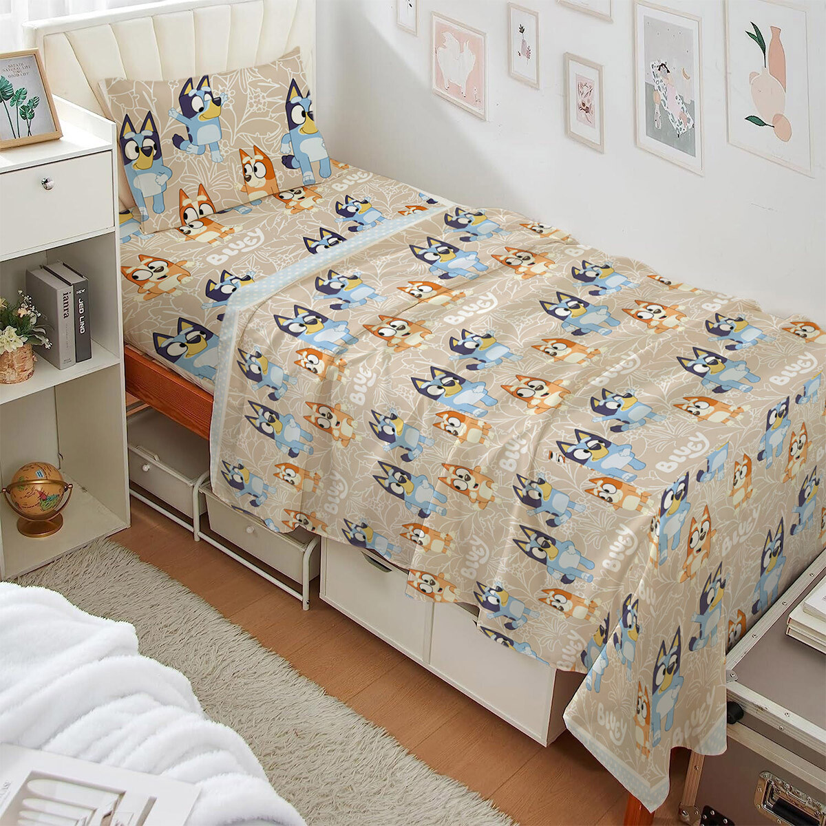 Juego Sábanas Infantil Bluey 1 Plaza 100% Microfibra - CELESTE/BEIGE 