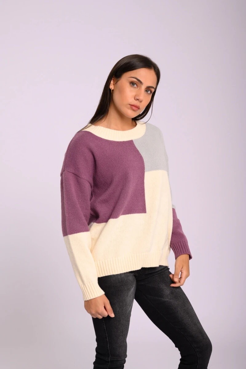 Buzo Dama Tejido Combinado Canva XS-XL - Violeta/gris/beige 