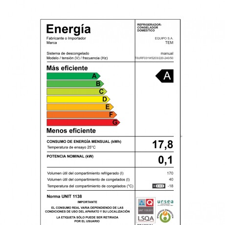 Heladera Frío Húmedo 217 Lts Tem T0URF031W5203 Blanca Heladera Frío Húmedo 217 Lts Tem T0URF031W5203 Blanca