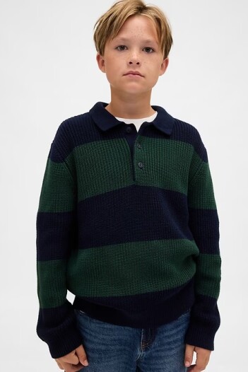 Buzo De Algodòn Cuello Polo Niño Green Stripe