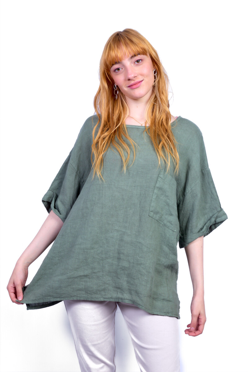 Blusón lino manga corta - Verde seco 