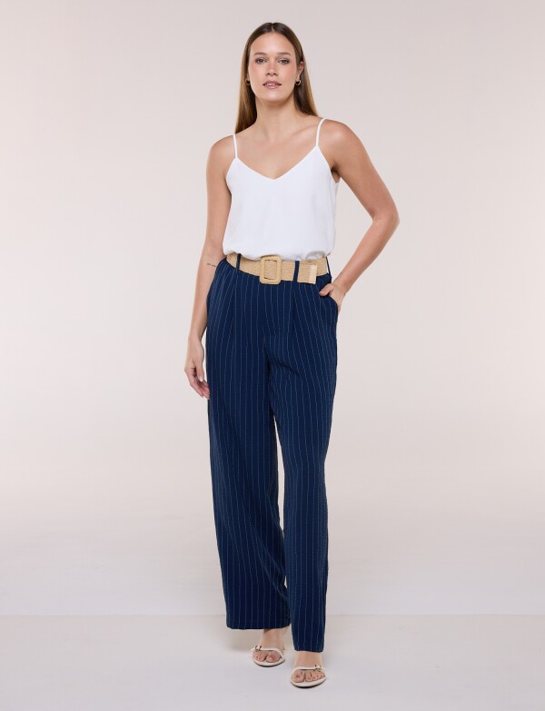 Pantalon Wide Leg Rayado Con Cinturón De Rafia AZUL