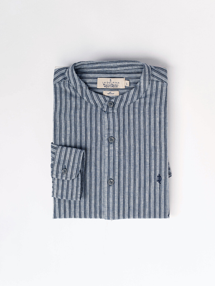 Camisa m/l lino rayada - azul 