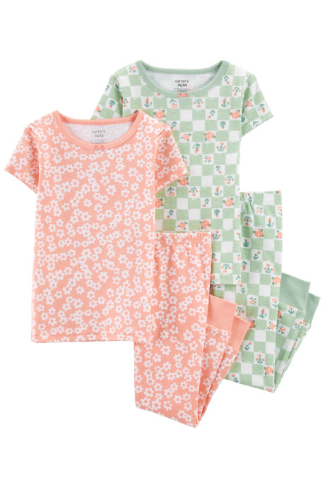 Pijama cuatro piezas de algodón dos remeras y dos pantalones, tonos verde y naranja, diseño floral Sin color