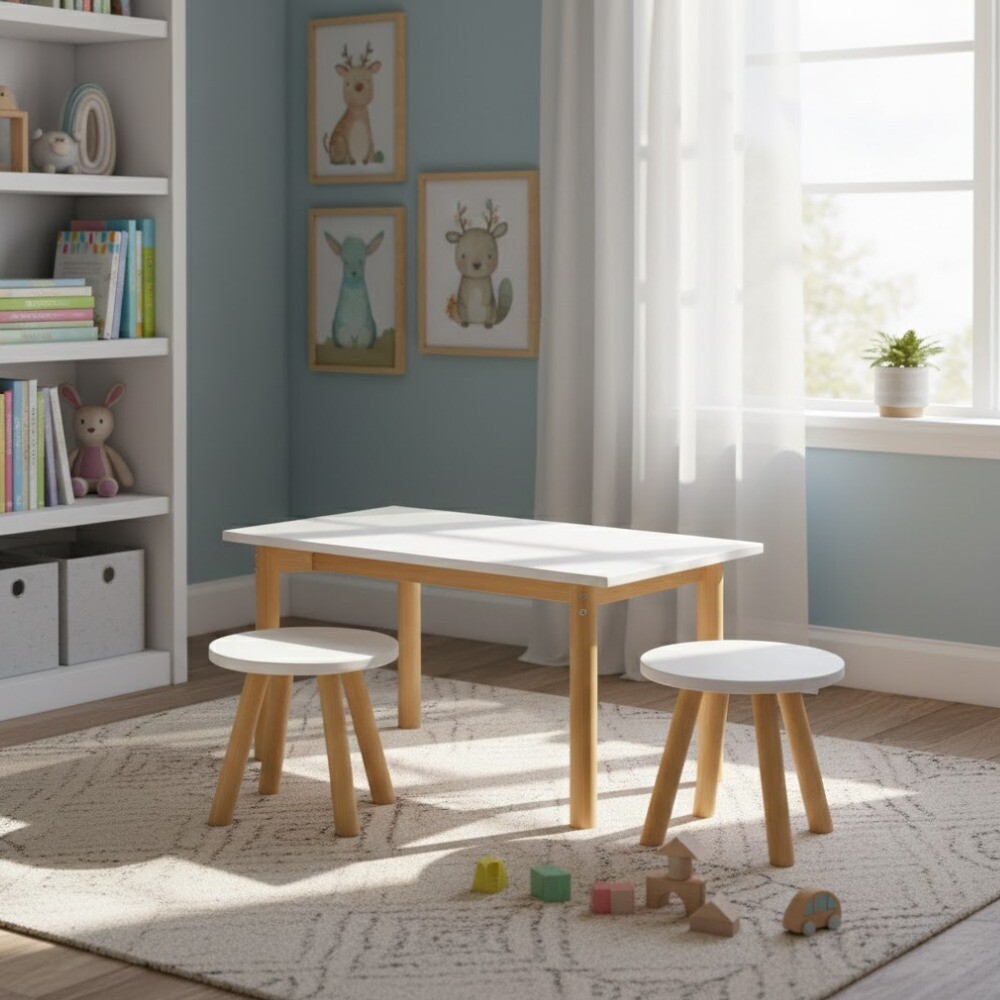 SET INFANTIL DE JUEGO DE MESA Y 2 BANQUITOS EN MADERA MACIZA SET INFANTIL DE JUEGO DE MESA Y 2 BANQUITOS EN MADERA MACIZA