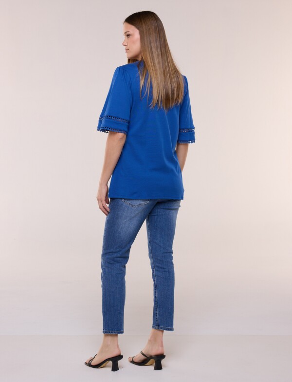 Remera De Algodón Con Detalles De Puntilla AZUL