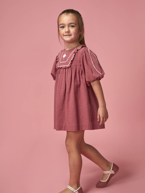 Vestido Manga Abullonada Con Bordados Berenjena
