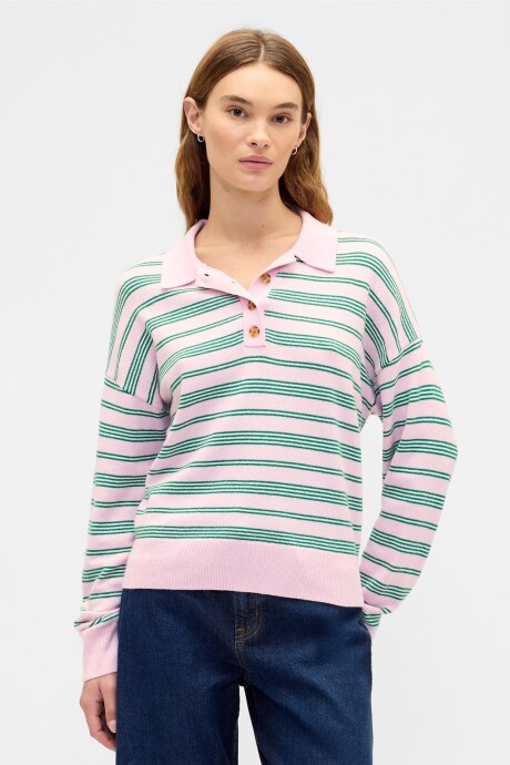 Buzo Cashsoft Tipo Polo Mujer Pink Green Stripe