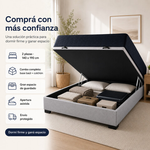 Sommier Baúl 2 Plazas Gris con Colchón Linde Zafiro 140x190 Firme Sommier Baúl 2 Plazas Gris con Colchón Linde Zafiro 140x190 Firme
