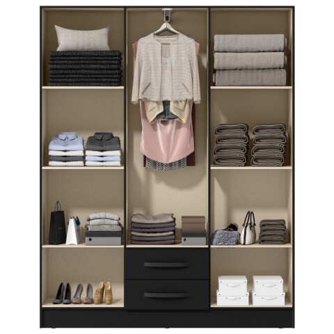 Ropero Armario 6 puertas 2 cajones con estantes y perchero interior natural 172X136X35 - Negro Ropero Armario 6 puertas 2 cajones con estantes y perchero interior natural 172X136X35 - Negro