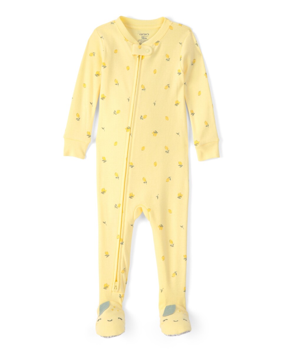 Pijama enterito de algodón con pie, amarillo, diseño limones. Talles 12-24M 