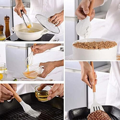Set de utensilios de cocina 12 accesorios soporte bambú Blanco