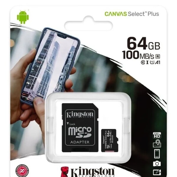 Tarjeta de Memoria MicroSD Clase 10 Canvas Select Plus con Adaptador SD de 64GB Kingston Tarjeta de Memoria MicroSD Clase 10 Canvas Select Plus con Adaptador SD de 64GB Kingston