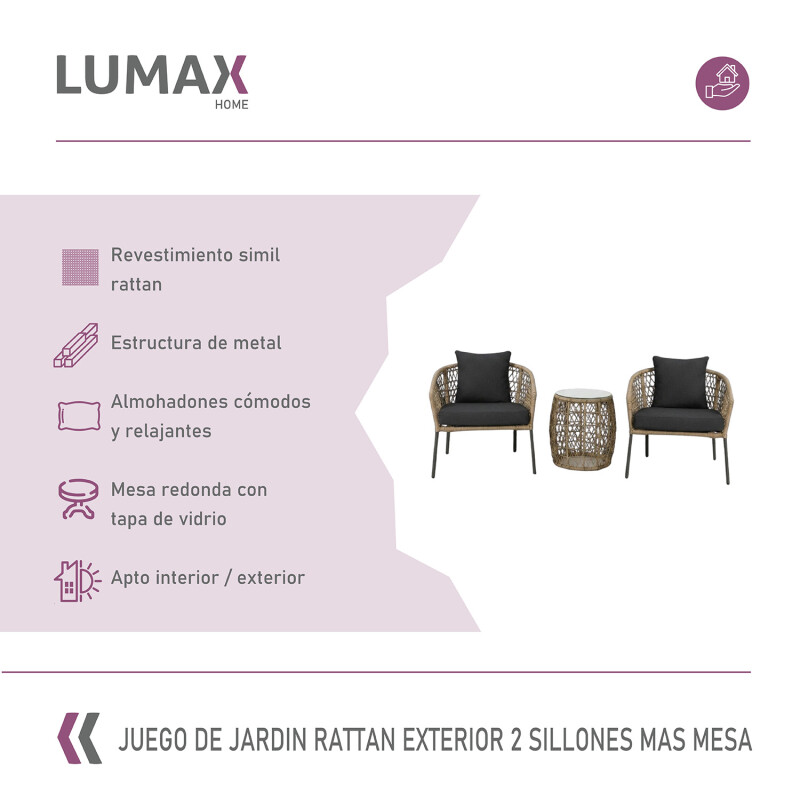 Juego De Jardin Rattan Lumax Exterior 2 Sillones + Mesa Gris