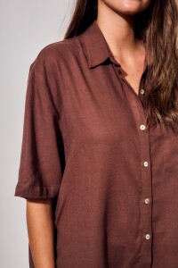 Vestido Camisero Con Lino Marron