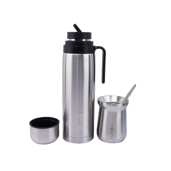 Set Termo de Acero Inoxidable Doble Capa con Tapa Pico Cebador de 1 litro Color Plata + Mate + Bombilla Set Termo de Acero Inoxidable Doble Capa con Tapa Pico Cebador de 1 litro Color Plata + Mate + Bombilla