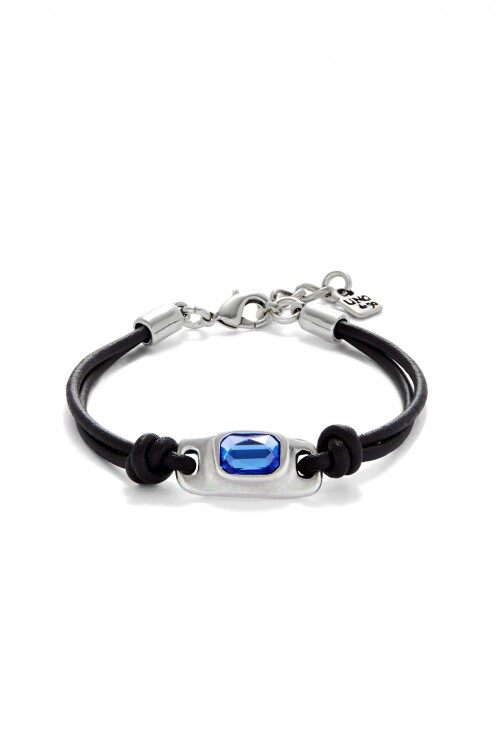 PULSERA DE CUERO BAÑADA EN PLATA DE LEY CON CRISTAL AZUL Pulsera