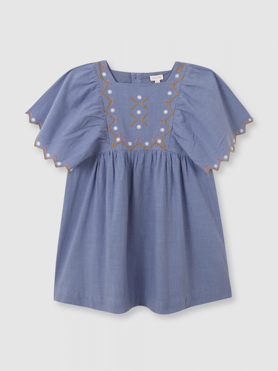 Vestido Con Bordados Azul Claro