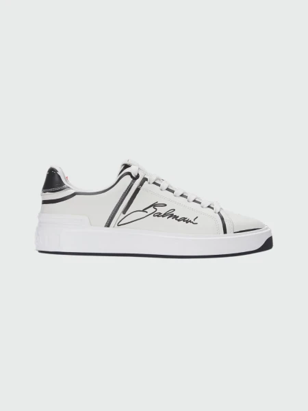 Balmain - Championes acordonados de cuero estampados, B-Court Blanco