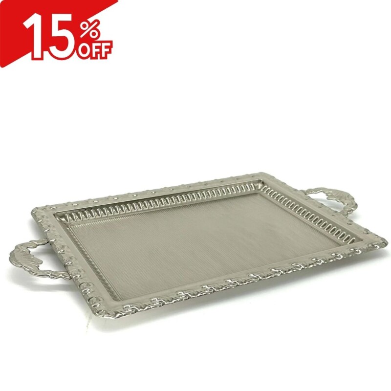 Bandeja metal rectangular con asa Plateada