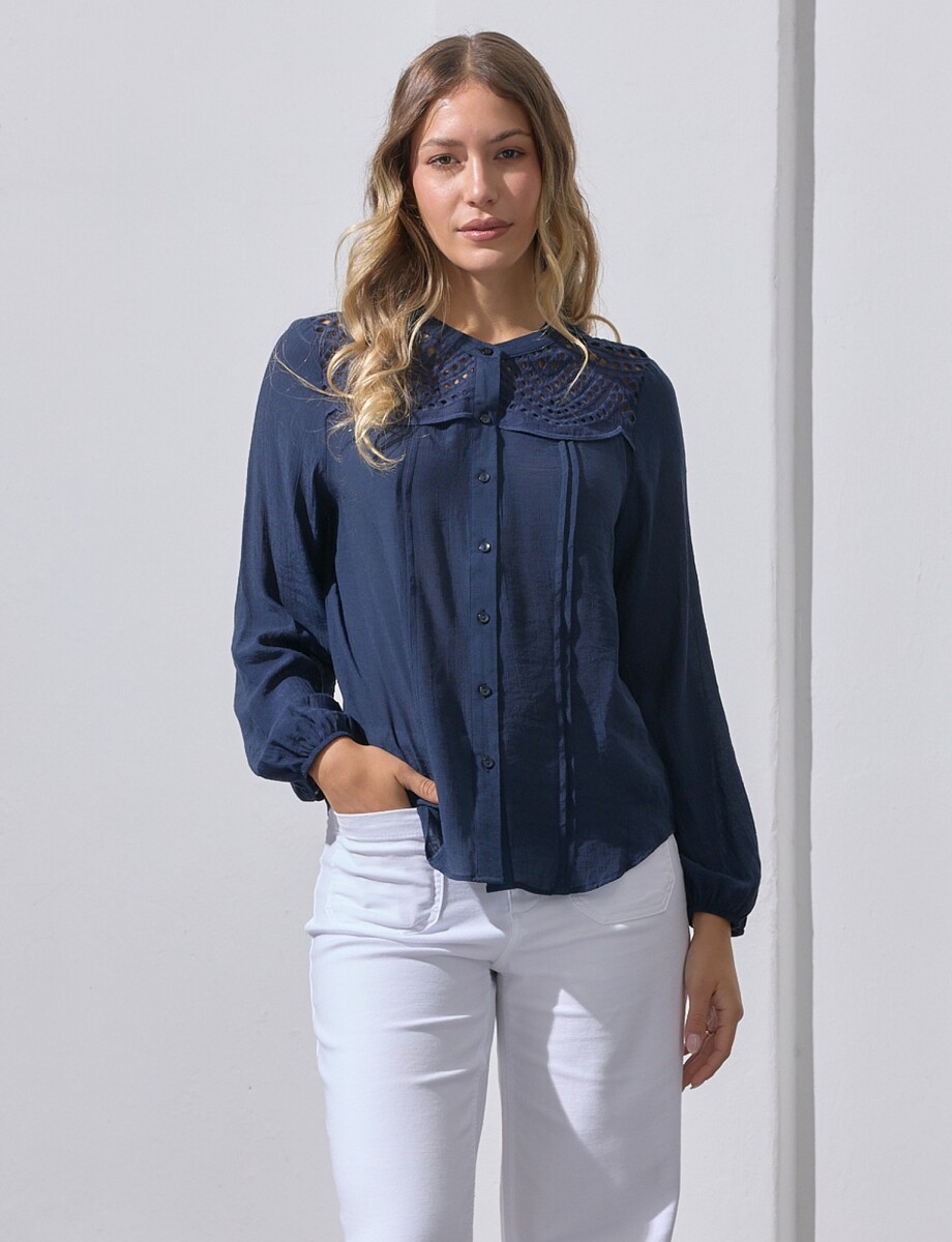 Blusa Botones Detalle Broderie - Azul 