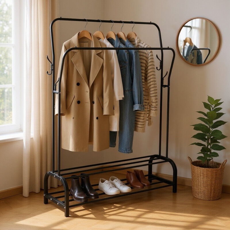 Perchero Organizador Metal Doble Con Zapatera Doble Negro