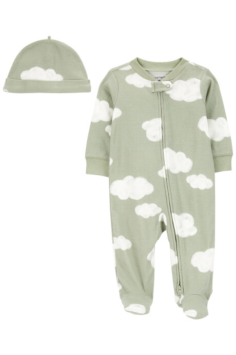 Pijama una pieza de algodón, con pie y gorro, diseño nubes Pijama una pieza de algodón, con pie y gorro, diseño nubes