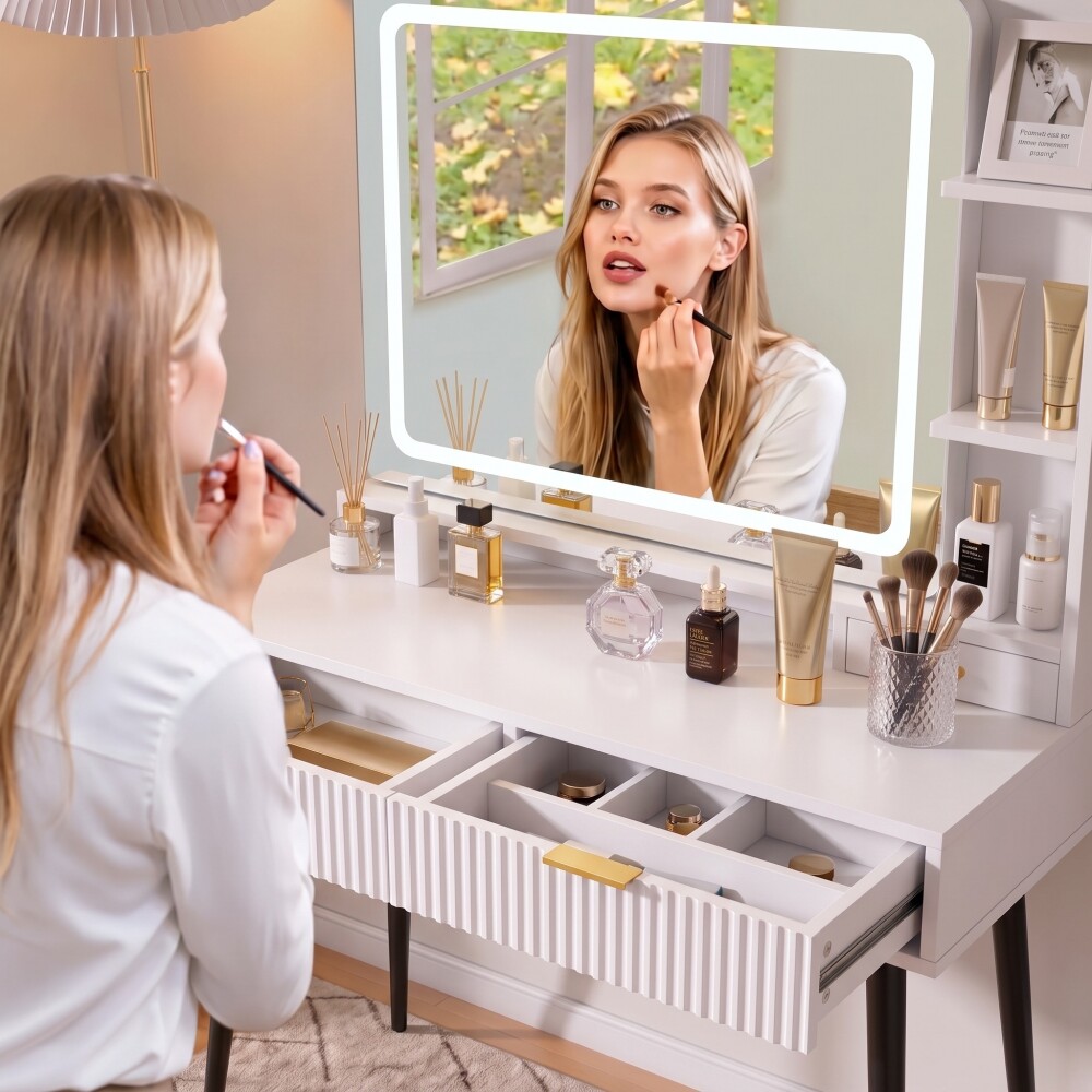 TOCADOR MAQUILLAJE MODERNO ESPEJO LUZ LED + ENCHUFE 3 CAJONES REPISAS ORGANIZADORAS PATAS METÁLICAS BLANCO