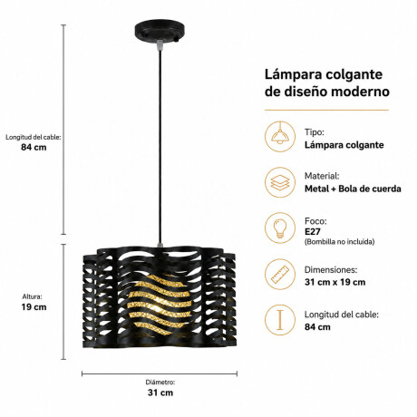 Pack x3 Lámparas Colgantes Metal Y Cuerda E27 Diseño Moderno Negro