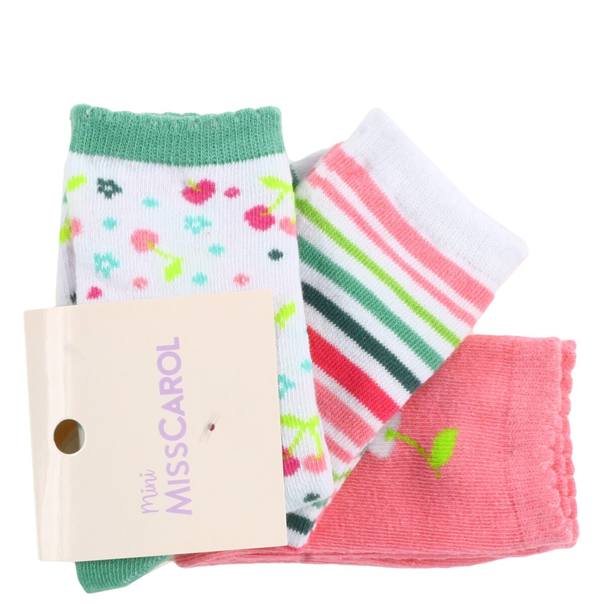Medias de Niña MINI Miss Carol Media CHERRY pack x3 - Rosado / Blanco / Verde 