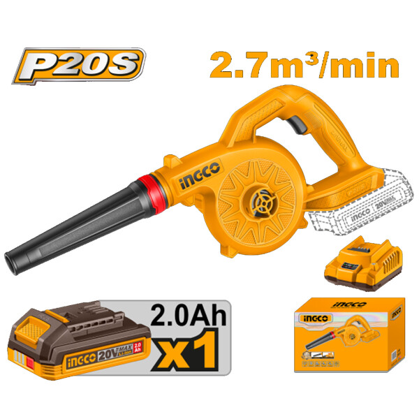 SOPLADORA A BATERIA P20S 20V 2.7M³/MIN C/BAT 2.0AH + CARGADOR INGCO CABLI20781 SOPLADORA A BATERIA P20S 20V 2.7M³/MIN C/BAT 2.0AH + CARGADOR INGCO CABLI20781