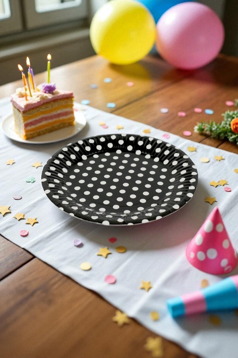 Plato 18 cm. diametro paquete x 10 - NEGRO LUNARES 