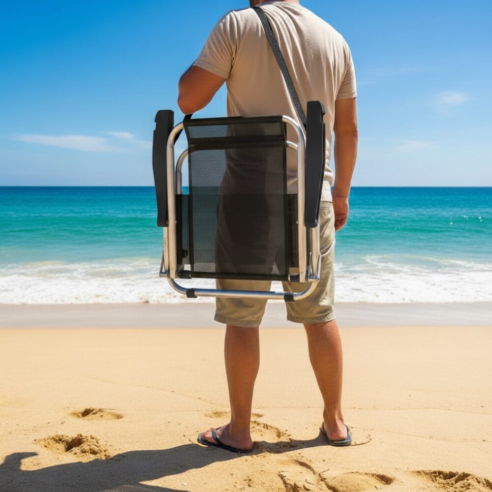 Silla Baja Playa, Pesca Buzios C/correa En Aluminio Apta 120kg NEGRO