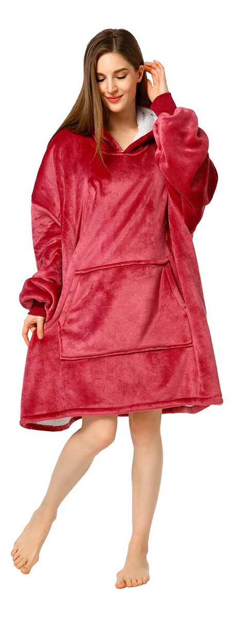 Buzo Canguro Oversize Manta Polar Afelpada Corderito Capucha - Rojo 
