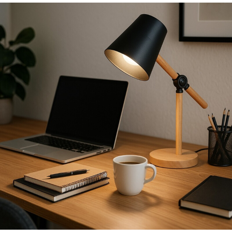 Lampara Escritorio Portátil Nórdica Metal Madera Ajustable Negro